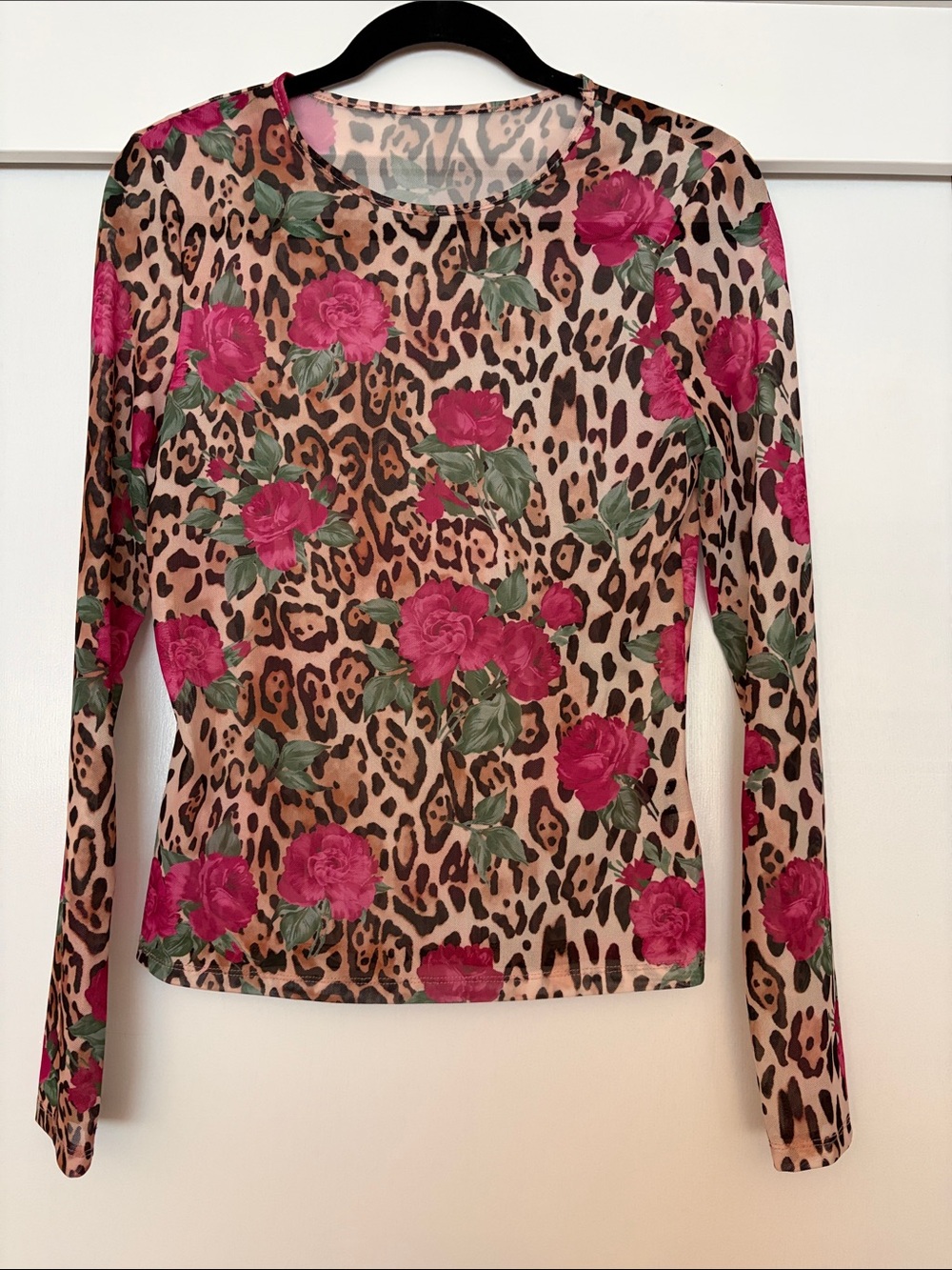 Women’s Long-Sleeve Sheer Floral Leopard Print Top - Pink Roses